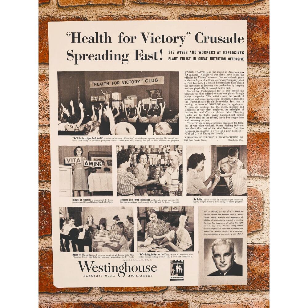 1942 Westinghouse "Health for Victory" Vintage Print Ad 1940s WWII Era Nutrition